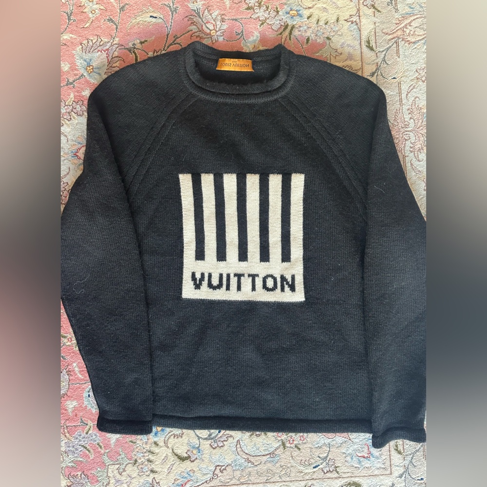 Louis Vuitton Paris Black Knit Jacket Sweater M Intarsia Graphic Logo Bar Stripe